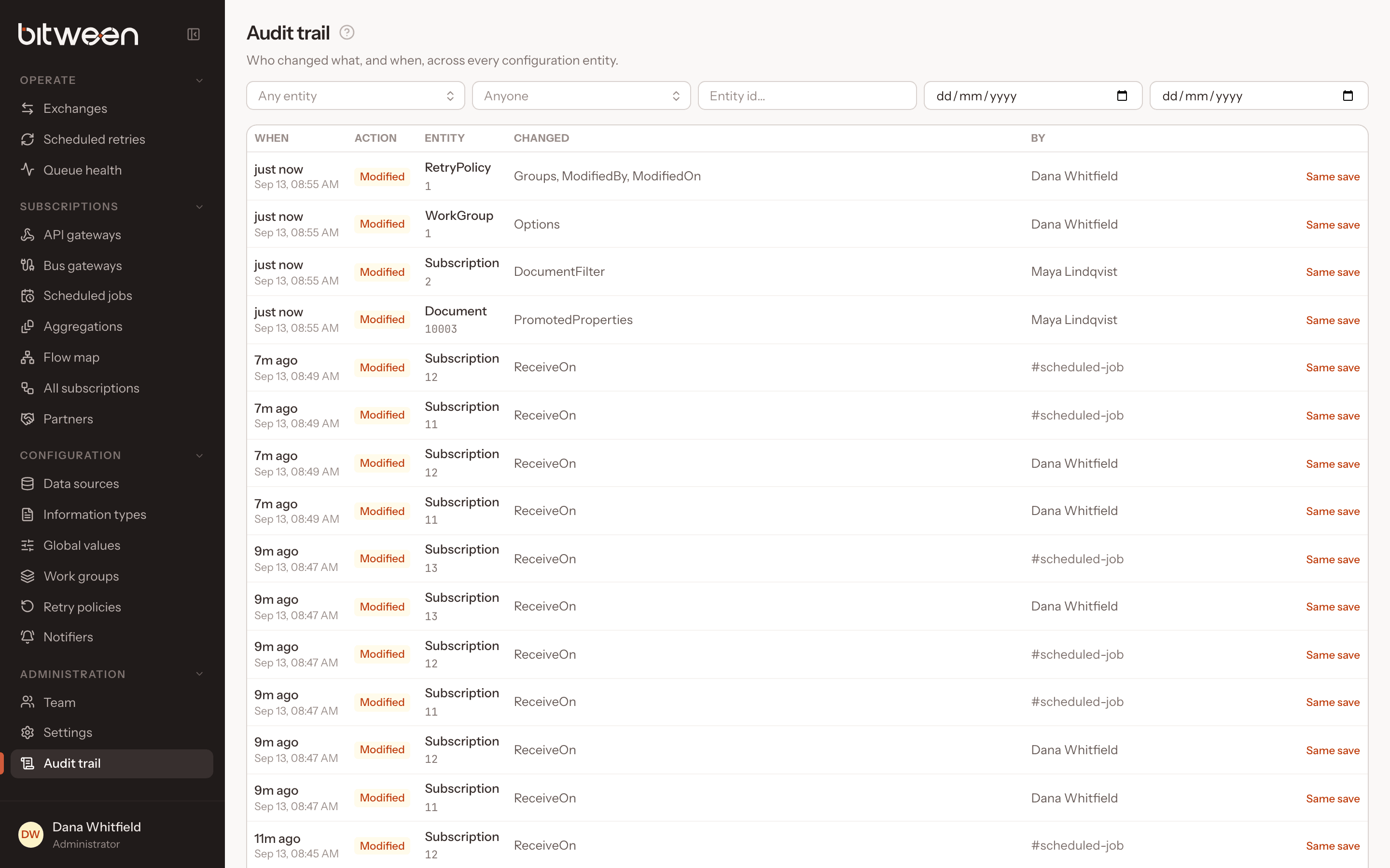 Audit trail listing configuration changes with old and new values