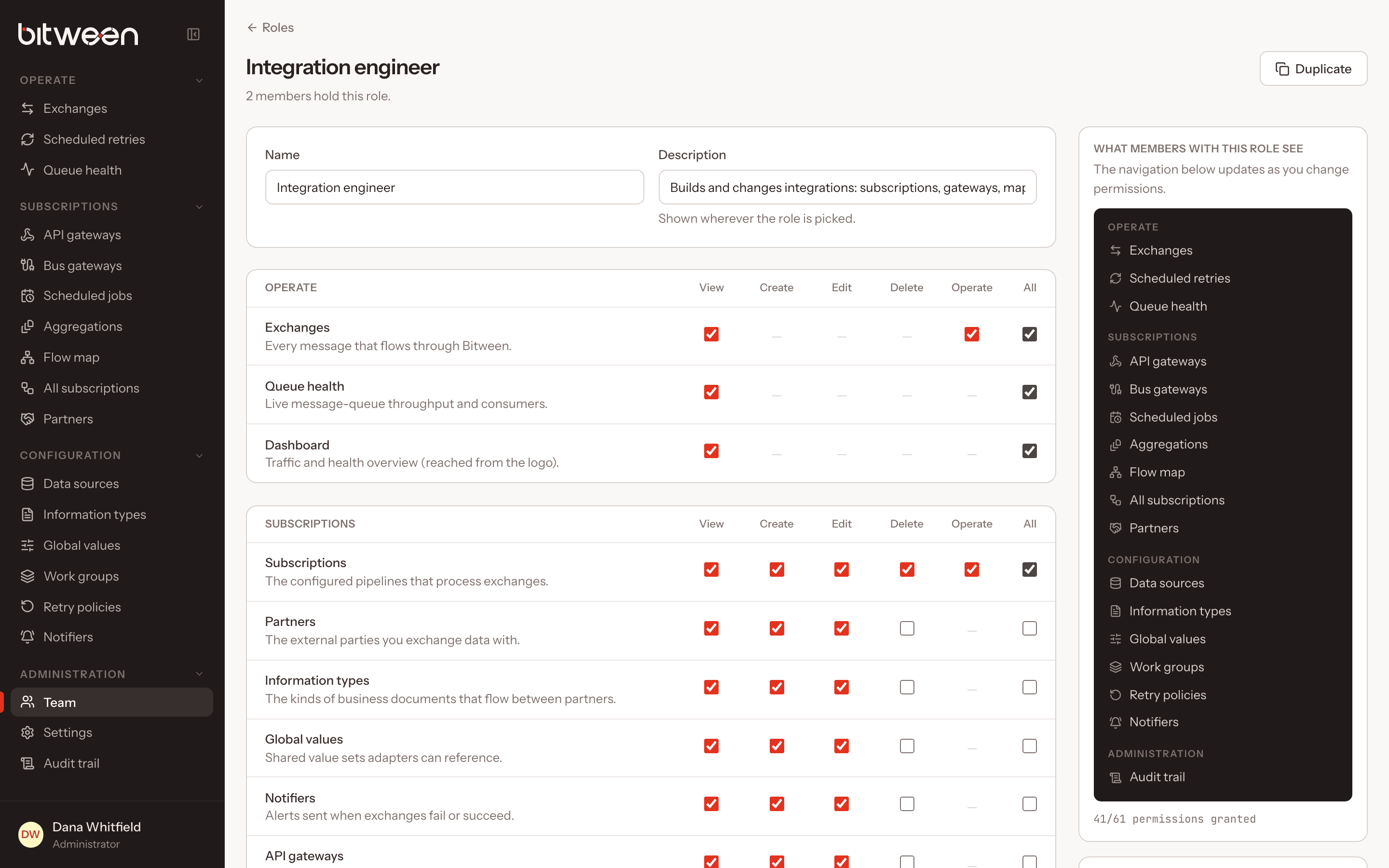 Roles permission matrix with a live preview of the navigation a role would see