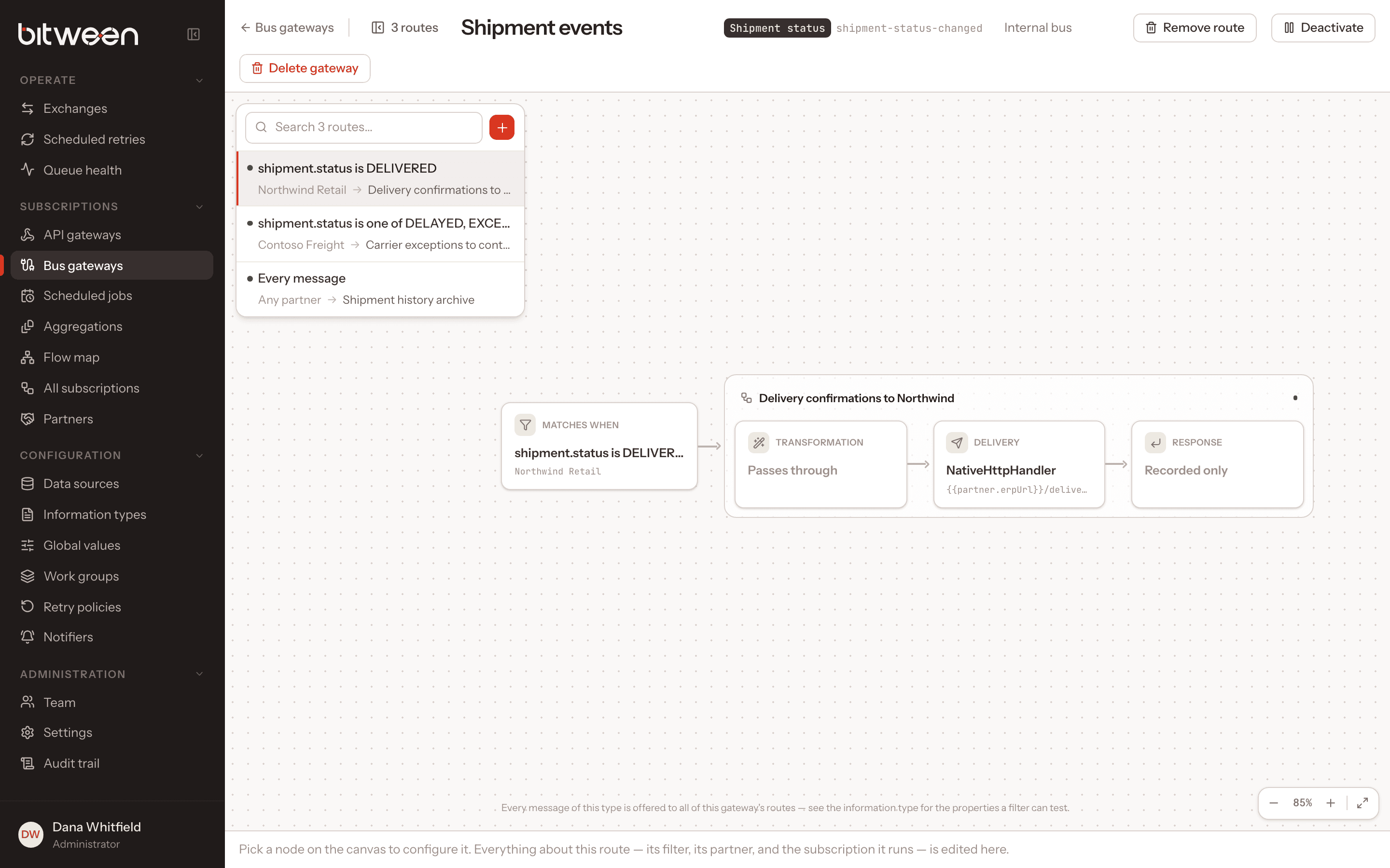 Bus gateway canvas showing routes, their subscriptions and where each response lands