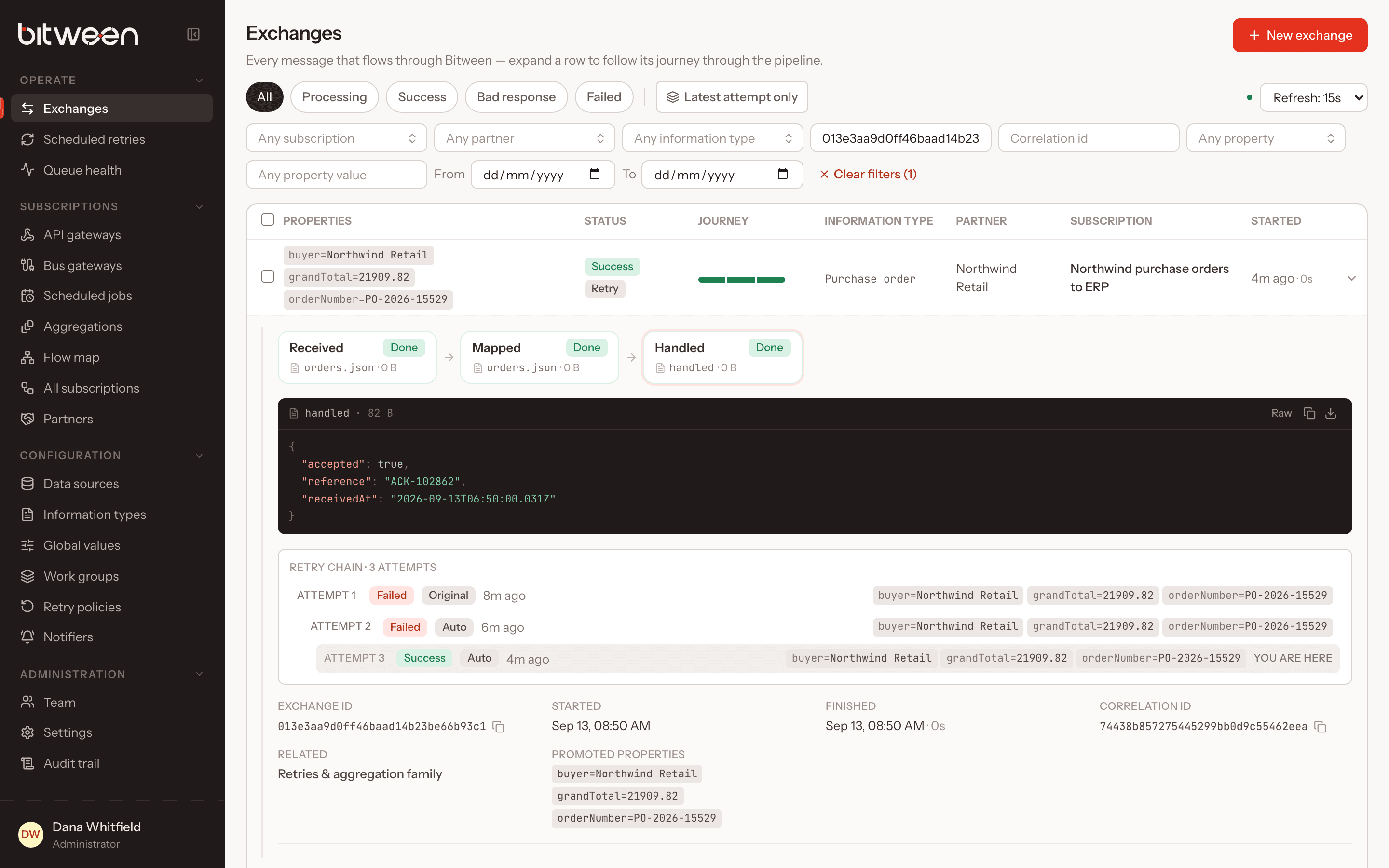 An expanded exchange showing its input, output and response files and its retry chain