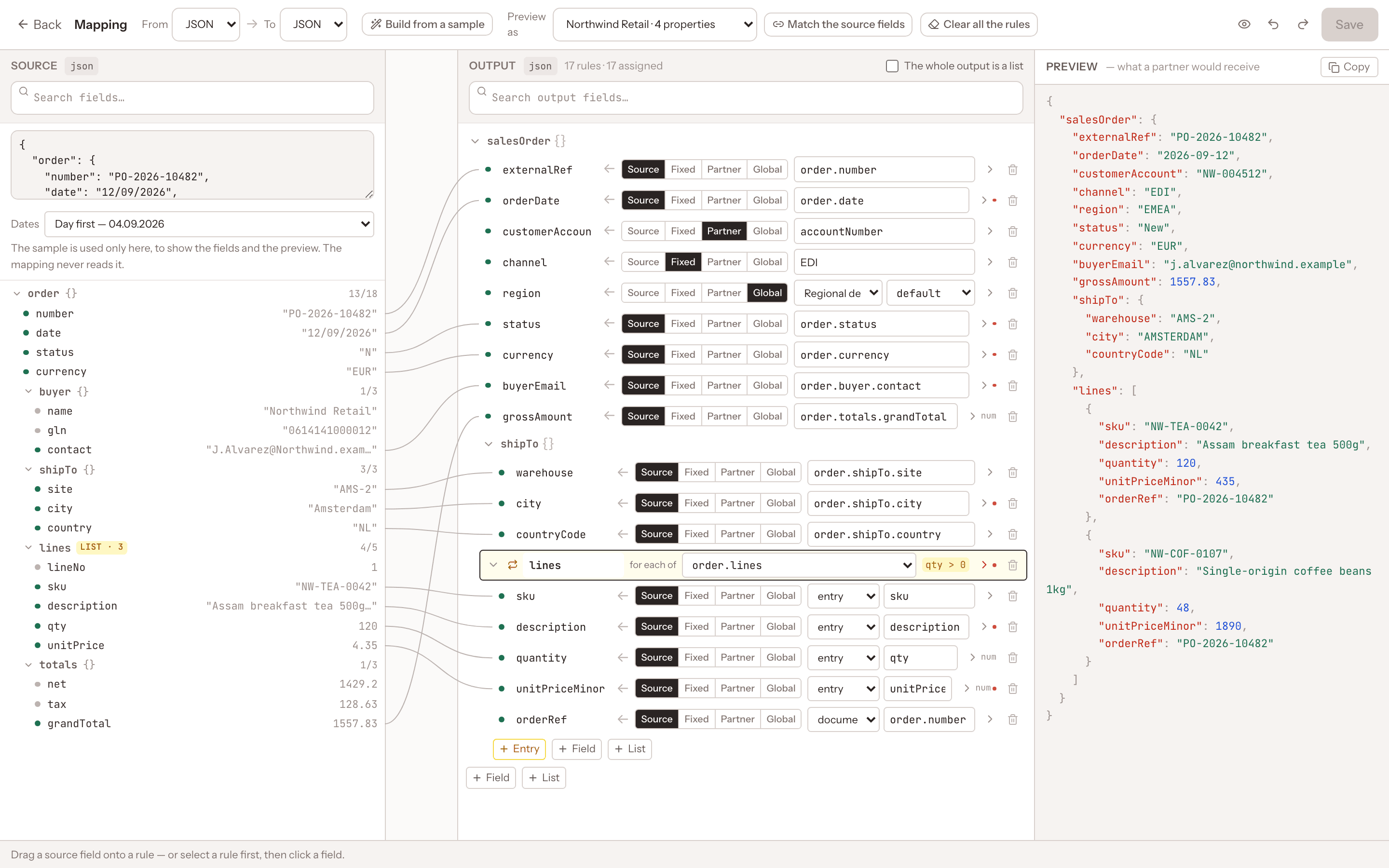 Rules-based mapping editor with a source sample, the output tree of rules and a live preview