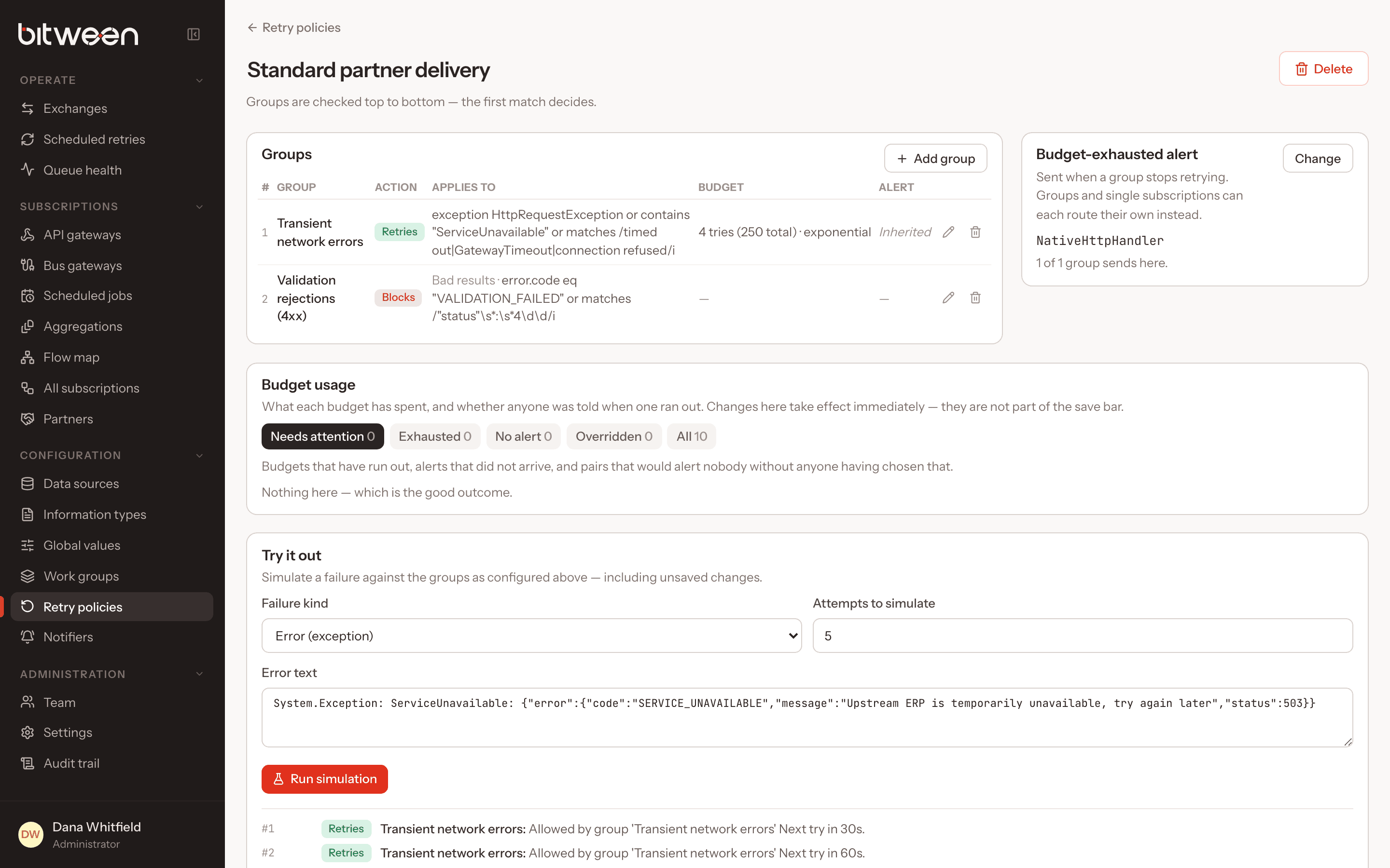 Retry policy editor with groups, matchers, budgets and a test panel