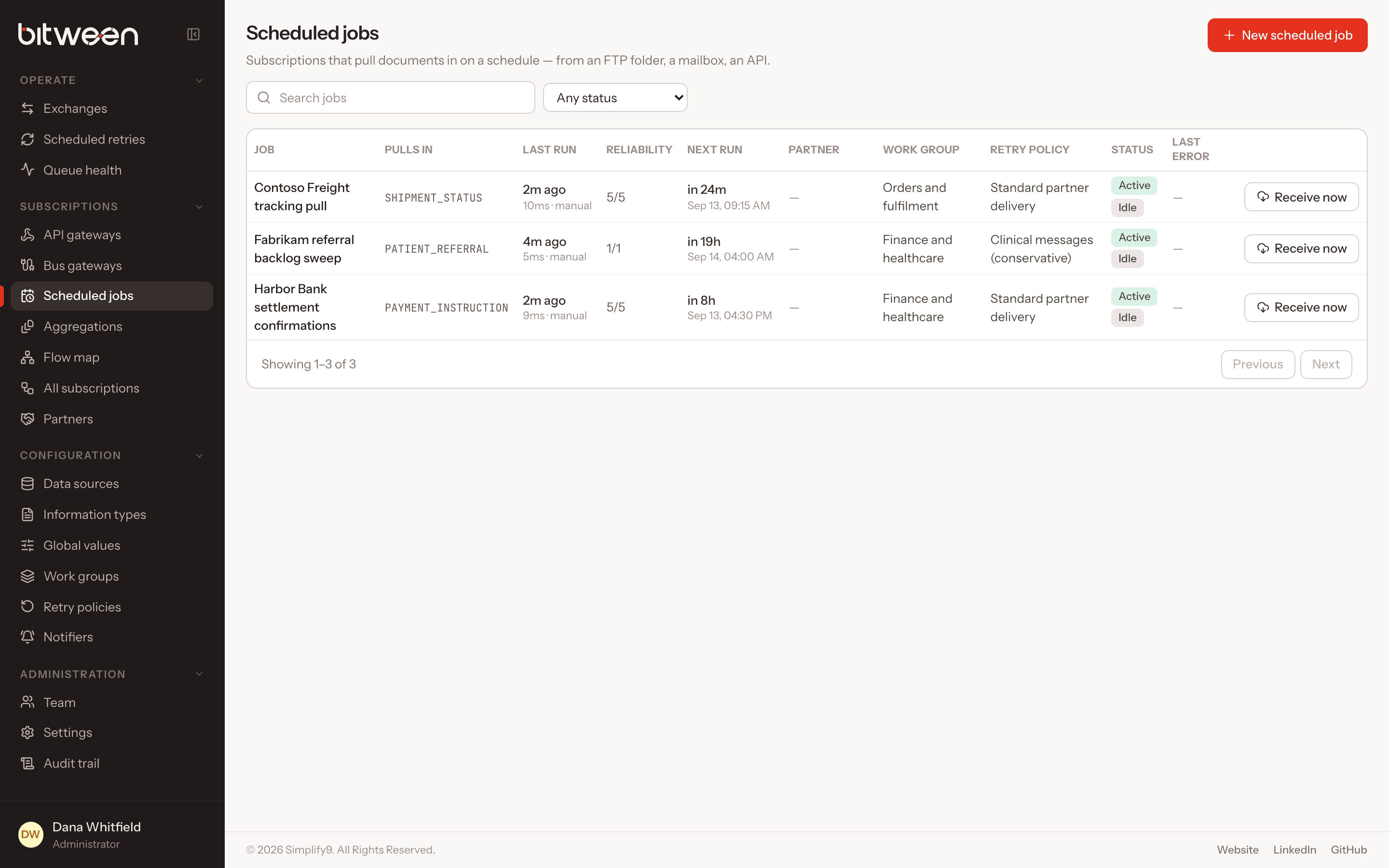 Scheduled jobs with last run, reliability, next run and schedule health